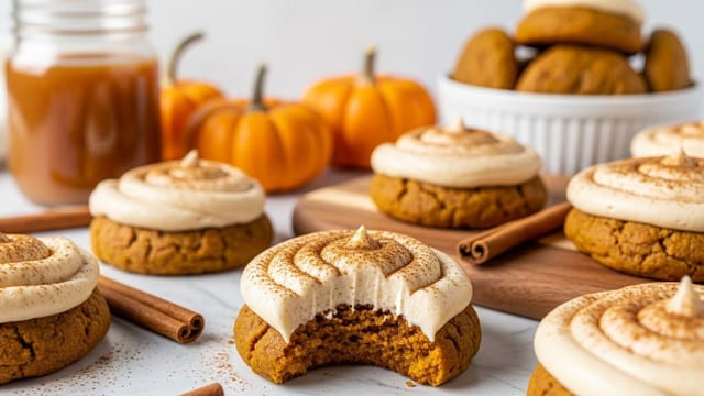 The image shows soft pumpkin cookies topped with thick swirled cinnamon frosting dusted with cinnamon powder. Each cookie has one layer of moist, orange-brown pumpkin cookie base with a generous, spiral layer of light tan cinnamon frosting on top. One cookie in the front has a bite taken out, revealing its soft texture inside. The cookies rest on a wooden board with cinnamon sticks nearby. In the background, there is a white bowl with more cookies beside small orange pumpkins and a glass jar filled with brown liquid. The whole scene is set on a white marbled surface. Photo taken with an iphone --ar 4:5 --v 7