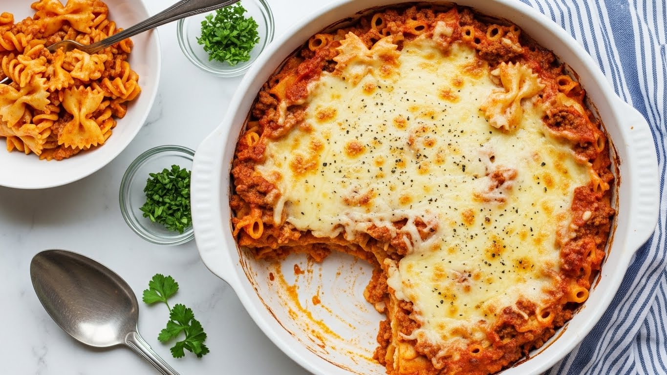 A white rectangular dish filled with a baked pasta casserole showing around three layers: the first layer is a rich red tomato sauce mixed with pasta, the second layer is pasta pieces coated with a red-orange hue from the sauce, and the top layer is melted creamy white cheese with spots of black pepper sprinkled over it. The pasta has crinkled edges and the melted cheese is slightly browned in some areas, giving a bubbly texture. The dish sits on a white marbled surface, accompanied by a white plate with a fork on the left, and a small glass bowl with green herbs behind the dish, next to a blue and white striped cloth. Photo taken with an iphone --ar 4:5 --v 7