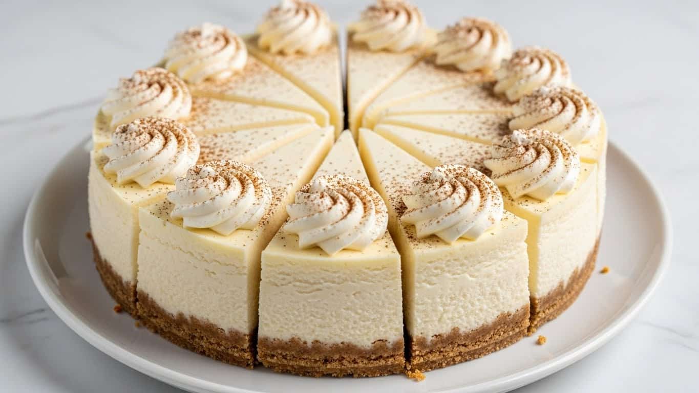A round cheesecake cut into twelve slices is placed on a white plate on a white marbled surface. Each slice has three layers: a light brown crust at the bottom, a smooth beige cheesecake layer taking up most of the slice, and a swirl of white whipped cream on top near the wider edge of each slice. The whipped cream is sprinkled lightly with a golden powder. To the right side, there is a single slice on a white plate with gold forks, and partial views of a white bowl below and a brown plate with a white pattern on the lower right corner. Photo taken with an iphone --ar 4:5 --v 7