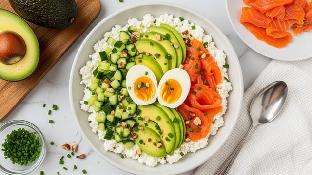 A bowl showing a layered dish with a base of white cottage cheese spread evenly, topped on one side with small green diced cucumber pieces, on another side with sliced yellow-green avocado fanned out neatly, and on the third side with bright orange smoked salmon slices. In the center, there are two halves of a soft-boiled egg with yellow yolks and white edges. The dish is sprinkled with small green chive pieces and chopped brown nuts. The bowl is on a white marbled surface with bits of chives and nuts scattered around. Nearby, a wooden board holds a whole avocado and half an avocado with the seed, along with a small clear bowl of chopped chives, and there is a white plate with more smoked salmon slices. To the right, there is a silver spoon resting on a white textured cloth. Photo taken with an iphone --ar 4:5 --v 7