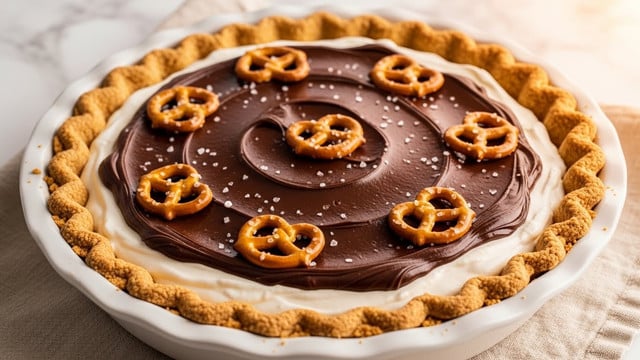 A pie in a white fluted pie dish sits on a wooden board with a black cloth beside it. The pie has a thick crust with a golden-brown, textured look around the edge. Inside, the bottom layer is white whipped cream, smooth and fluffy, swirled along the edges. Above the whipped cream is a thick, glossy layer of dark chocolate spread that covers the top evenly but allows some whipped cream to peek through. Scattered on top are small pretzels, golden brown and sprinkled with coarse salt, adding texture and color contrast. The background shows a kitchen blurred softly, and the scene is well-lit with natural light. photo taken with an iphone --ar 4:5 --v 7