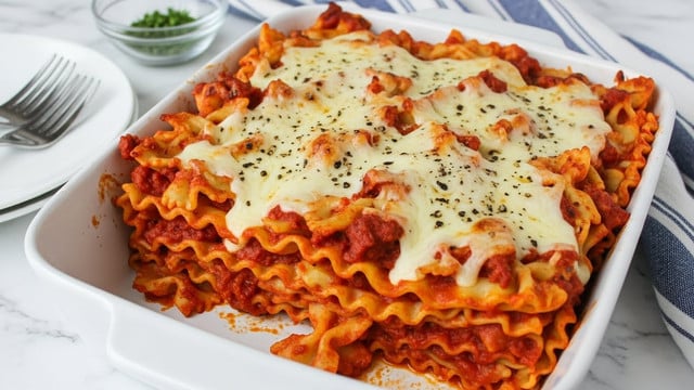 A white round baking dish filled with a baked pasta casserole showing two thick layers, the bottom layer is orange pasta mixed with meat sauce, and the top layer is melted golden cheese with some black pepper sprinkled. On the upper left side, a white bowl holds a serving of the same pasta with visible meat and sauce, while a silver fork is placed inside it. Nearby two glass bowls with fresh green herbs rest on a white marbled surface, along with a large spoon at the bottom left. A blue and white striped cloth is placed on the right side of the frame. Photo taken with an iphone --ar 4:5 --v 7