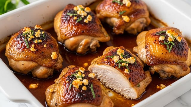 The image shows a white rectangular dish filled with four pieces of glazed salmon. The salmon has a rich orange-brown color with a shiny, sticky glaze that looks sweet and savory. Each piece is topped with small white crumbles of cheese and sprinkled with chopped green herbs. The sauce pools around the salmon, adding a glossy effect. The background is a white marbled texture. photo taken with an iphone --ar 4:5 --v 7