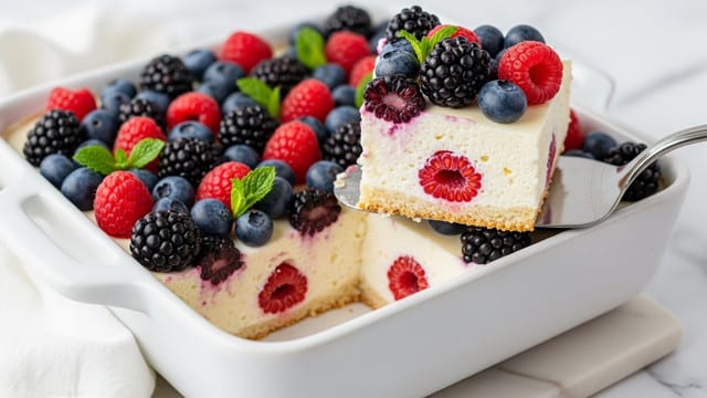The image shows a baked dish with a thick single layer of creamy, light yellow cake mixed with red raspberries, dark blue blueberries, and black blackberries scattered throughout. The top is golden brown with juicy berries on the surface, and a few green mint leaves placed on top for decoration. The cake is in a white ceramic rectangular baking dish, sitting on a white marbled surface, and a silver serving spatula is lifting one slice out of the dish, showing the soft, moist texture inside. photo taken with an iphone --ar 4:5 --v 7