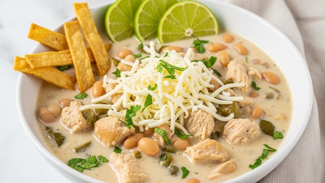A white bowl filled with creamy chicken soup containing chunks of light brown chicken, white beans, and green herbs scattered throughout the creamy white broth. On top, there is a generous pile of shredded white cheese with some chopped green herbs sprinkled over it. To one side of the bowl, there are several golden-brown crispy tortilla strips. At the back edge of the bowl, there are three slices of bright green lime arranged in a row. The bowl sits on a white marbled surface with a light beige cloth partially visible nearby. Photo taken with an iphone --ar 4:5 --v 7