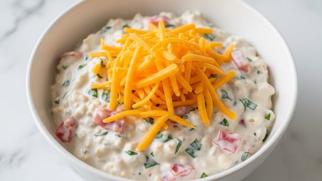 A white bowl filled with a thick, creamy mixture that has visible small chunks of red tomato pieces and green herbs mixed throughout. The creamy base is white with a slightly lumpy texture, topped with a generous layer of shredded bright orange cheddar cheese. The bowl is placed on a white marbled surface. photo taken with an iphone --ar 4:5 --v 7