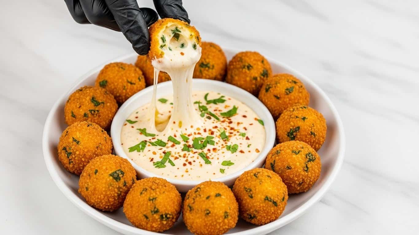 A white bowl filled with golden brown crispy fried bites, each piece covered with small green herb bits. In the center of the bowl is a small metal cup filled with a creamy white sauce that has red and green specks. One fried bite, partially dipped and coated in the creamy sauce, is held above the bowl by a woman's hand. The fried bites have a crunchy texture and some are topped with sauce and herbs. The whole scene rests on a white marbled texture. photo taken with an iphone --ar 4:5 --v 7