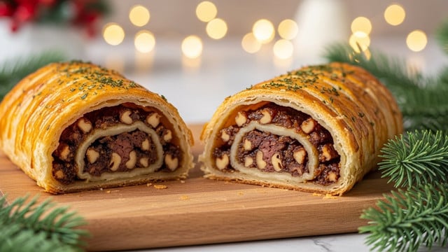 Two golden-brown puff pastry rolls sit on a wooden board, each cut to show three layers: a flaky, crispy outer pastry layer with a shiny, glazed surface topped with small green herb flakes, a thin inner dough layer, and a dense filling of dark brown nuts and fruit chunks with a sticky, glossy texture. The background is softly blurred with warm lights and Christmas decorations, while sprigs of frosted evergreen rest beside the rolls on a white marbled surface. photo taken with an iphone --ar 4:5 --v 7