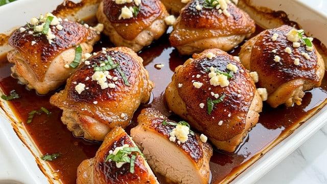 The dish shows five pieces of golden-brown cooked chicken thighs arranged closely in a white baking dish filled with a glossy, dark brown sauce that pools around them. Each chicken piece has a crispy, slightly charred skin that shines with the sauce, topped with small white crumbles of cheese and scattered green herb leaves. One piece is cut open, revealing juicy, light-colored cooked chicken inside with a smooth texture. The background is softly blurred with a hint of greenery and the dish sits on a white marbled surface. Photo taken with an iphone --ar 4:5 --v 7