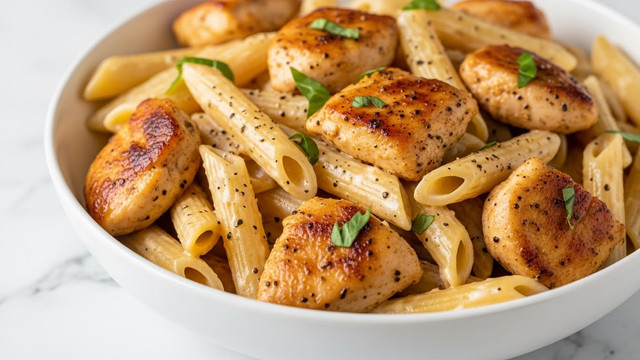 A close-up view of creamy penne pasta mixed with chunks of browned grilled chicken, all coated in a rich off-white sauce with visible black pepper specks. The pasta pieces are slightly shiny and smooth, with some fresh green herb leaves scattered lightly on top. The chicken pieces are golden with a seared texture, sitting on top of and mixed within the pasta, which fills a white bowl. The background is a white marbled texture. photo taken with an iphone --ar 4:5 --v 7