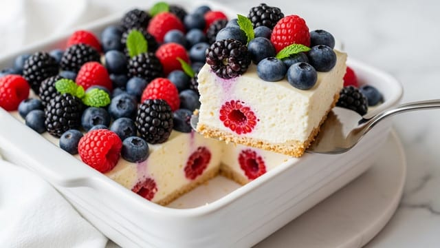 A close-up of a white square baking dish filled with a soft, creamy layered dessert. The bottom layer is light and fluffy white, like a cheesecake or custard, studded with red raspberries inside. The top layer is decorated with whole blackberries, blueberries, and red raspberries, creating a colorful contrast with deep purple, dark blue, and bright red hues. Small green mint leaves are scattered on top as garnish. A silver spatula lifts a square piece from the dish, showing the thick creamy interior and vivid berries. The dish rests on a white marbled surface with a white cloth nearby. photo taken with an iphone --ar 4:5 --v 7
