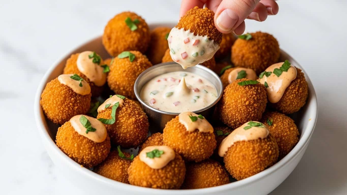 A white bowl full of about ten golden-brown crispy fried cheese balls with small bits of herbs inside each ball, arranged in a circle around a creamy sauce in the center that is lightly speckled with green herbs and red spices; a woman's hand wearing a black glove is lifting one cheese ball, stretching melted cheese from the sauce with a gooey, stretchy texture. The setting is a white marbled surface. photo taken with an iphone --ar 4:5 --v 7