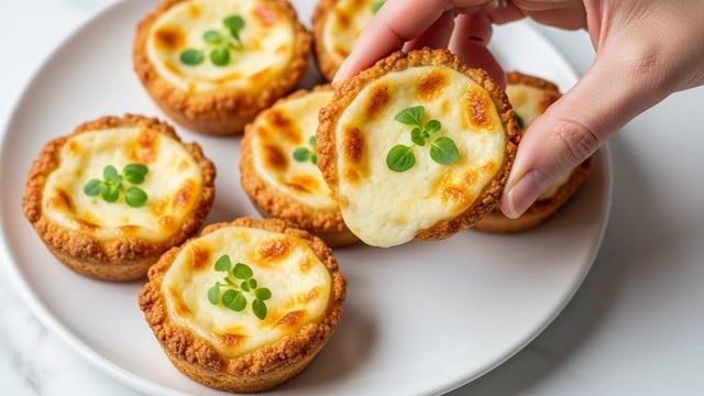 A white plate holds five golden brown, crispy potato stacks with visible layers of thinly sliced potatoes forming a round shape about two inches tall. Each stack has a melted cheese layer on top, slightly bubbly and browned with a smooth, creamy texture. Small green sprigs of fresh thyme are placed on each stack, adding a pop of color. A woman's hand delicately pinches one potato stack, showcasing the crisp edges and soft inside. The background is a white marbled texture, adding brightness to the close-up and warm-toned image. photo taken with an iphone --ar 4:5 --v 7