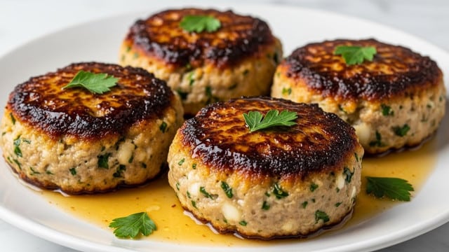 Four thick, golden-brown patties with a crispy and shiny top layer speckled with small green herb bits sit on a white plate. Each patty shows a moist and textured inside filled with visible green herbs and dark specks. A light yellow sauce pools around the base of the patties, adding a glossy contrast. Fresh green parsley leaves garnish both the patties and the plate, adding vibrant color and freshness. The white plate rests on a background with a white marbled texture. photo taken with an iphone --ar 4:5 --v 7