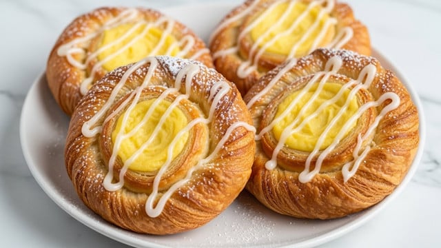 Four golden brown pastries sit closely together on a white plate, each showing around three visible layers of flaky crust with a shiny, slightly crisp texture. The pastries have a swirl shape with a creamy, pale yellow custard filling in the center, topped with a drizzle of white glaze that forms soft lines and patches across the surface. A light dusting of powdered sugar is sprinkled on top, adding a touch of white contrast to the warm tones. The plate rests on a white marbled surface, creating a clean and bright background. photo taken with an iphone --ar 4:5 --v 7