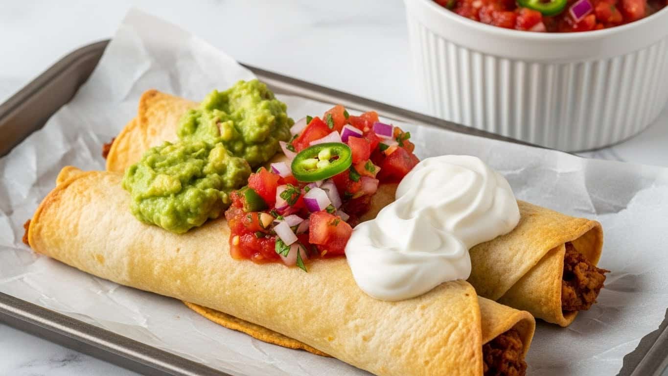 The image shows two rolled, golden-brown baked taquitos placed on parchment paper over a metal tray. Each taquito is topped with three layers of garnishes: a dollop of bright green guacamole on one side, a heap of chunky red salsa with visible pieces of tomato, onion, and green chili in the middle, and a thick smear of smooth white sour cream on the other side. In the background, there is a white ribbed bowl filled with more of the red salsa. The scene is set on a white marbled surface. Photo taken with an iphone --ar 4:5 --v 7