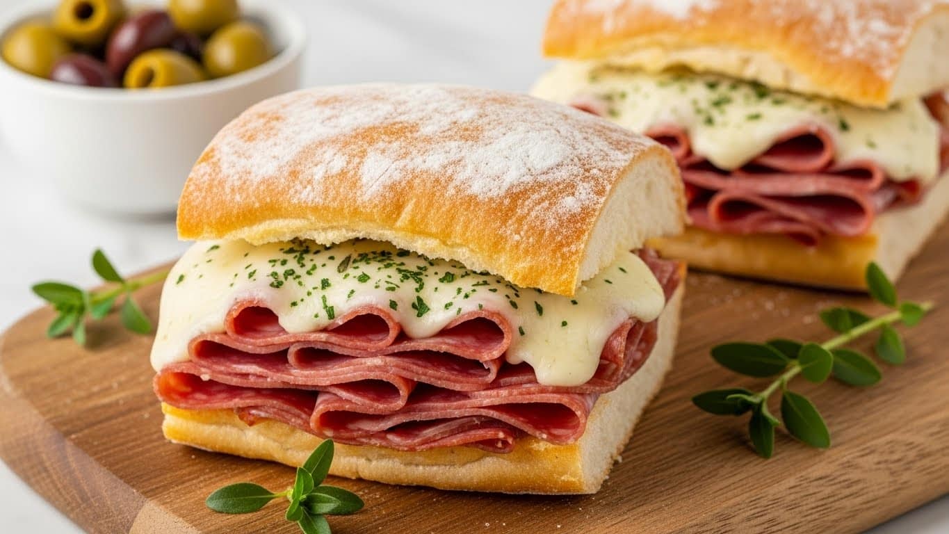 A close-up view of two thick sandwiches placed on a wooden board, each with three visible layers: a bottom layer of soft, fluffy white bread, a middle layer of thin, folded slices of deep red salami, and a top layer of gooey, melted white cheese sprinkled with green herbs, slightly dripping over the edges of the bread; the top sandwich is in the background, slightly blurred, while the front sandwich is in sharp focus, showing a golden, crispy crust dusted with flour. Small green herb sprigs lie on the wooden board near the sandwiches, and a white bowl filled with green olives sits in the background on a white marbled surface. Photo taken with an iphone --ar 4:5 --v 7