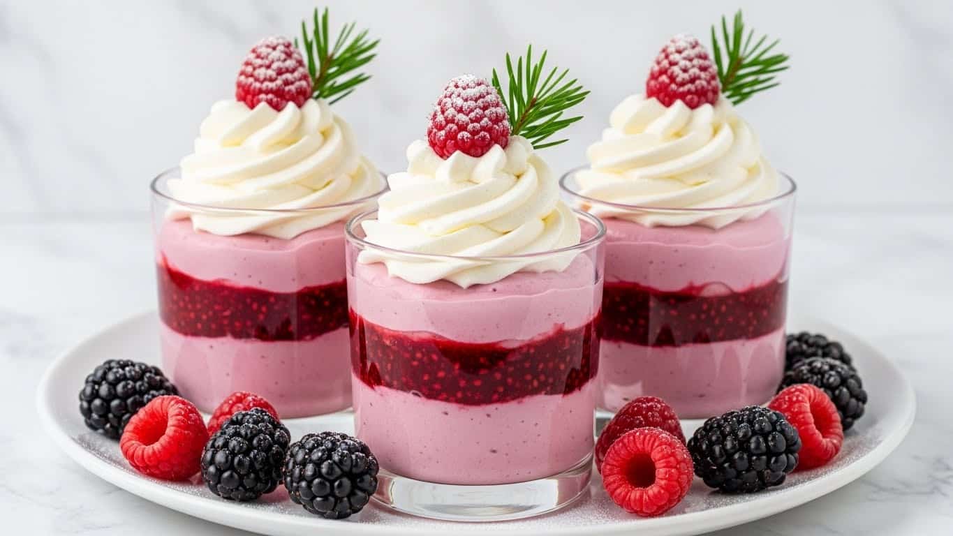 The image shows three clear glass cups filled with a layered dessert on a white plate. Each cup has three layers: the bottom layer is a smooth, light pink mousse, the middle layer is a rich, deep red berry sauce with visible seeds, and the top layer is white whipped cream swirled in a tall peak. On top of each whipped cream peak, there is one raspberry dusted with powdered sugar and a small green pine leaf for decoration. Around the cups on the plate, there are fresh raspberries and blackberries, some with a light dusting of powdered sugar. The background is a white marbled texture. photo taken with an iphone --ar 4:5 --v 7