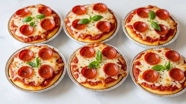 Six small round mini pepperoni pizzas are placed on a white marbled surface. Each pizza is in a round silver foil cup showing three clear layers: a thin golden-brown crust at the bottom, a rich red tomato sauce in the middle, and a bubbly layer of melted white and golden cheese on top. Small, round orange-brown pepperoni slices are spread evenly across each pizza, with some edges slightly curled and browned. Fresh green basil leaves are scattered on the cheese, adding a pop of color. The pizzas look warm and freshly baked, with spots of crisp cheese and small black pepper specks on top. Photo taken with an iphone --ar 4:5 --v 7
