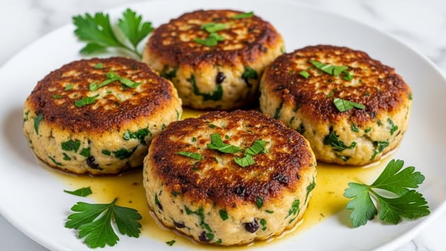 The image shows four round, golden-brown patties with a crispy, slightly charred top layer that looks juicy and shiny from a drizzle of sauce. Each patty is thick with a textured, mixed layer of light and speckled bits of herbs and possibly cheese inside. The patties are placed closely together on a glossy white plate with a light amber sauce pooling around them, and each patty is topped with small green leafy parsley for garnish. The plate is sitting on a white marbled surface. Photo taken with an iphone --ar 4:5 --v 7