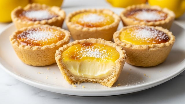 Two lemon tarts are stacked on top of each other on a white plate resting on a white marbled surface. Each tart has a golden brown, crispy crust forming the base and edges, filled with a smooth, bright yellow lemon custard layer that looks creamy and glossy. The top surface of each tart is lightly dusted with white powdered sugar, adding a soft texture contrast. In the blurred background, whole yellow lemons are arranged, lending a fresh and vibrant feel to the scene. Photo taken with an iphone --ar 4:5 --v 7