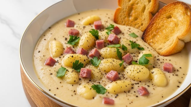 A close-up view of a creamy soup served in a white bowl with a thin gold rim, filled with a thick pale yellow base showing soft, plump gnocchi pieces and small chunks of pinkish ham scattered throughout. On top, there are fresh green parsley bits sprinkled along with cracked black pepper, adding texture and color contrast. Two pieces of toasted golden brown bread rest partially inside the soup at the edge of the bowl. The bowl is placed on a wooden board, all against a white marbled surface background. photo taken with an iphone --ar 4:5 --v 7