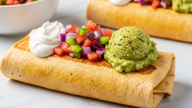 The image shows two golden-brown burritos placed on a light surface with a white marbled texture. Each burrito is folded tightly with a slightly crisp, toasted outer layer. On top of each burrito, there are three clear layers: a creamy white dollop of sour cream on the left, a middle section with chunky, colorful pico de gallo made of red tomatoes, green peppers, and purple onions, and a large scoop of mashed, pale green guacamole on the right. In the background, there is a white bowl partially filled with pico de gallo, adding vibrant red and green accents. photo taken with an iphone --ar 4:5 --v 7