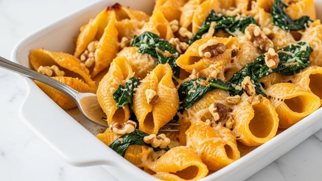 The dish is a baked pasta casserole in a white speckled baking dish, filled with three main layers: the base layer is soft shell pasta with a light golden-orange creamy sauce, the middle layer has wilted dark green spinach leaves mixed evenly, and the top layer is sprinkled with small chunks of white crumbly cheese and chopped brown walnuts, giving texture and color contrast; some pasta shells are browned on top, showing a slight crispness, and a wooden-handled fork is scooping a portion from the right side, all set on a white marbled surface. photo taken with an iphone --ar 4:5 --v 7