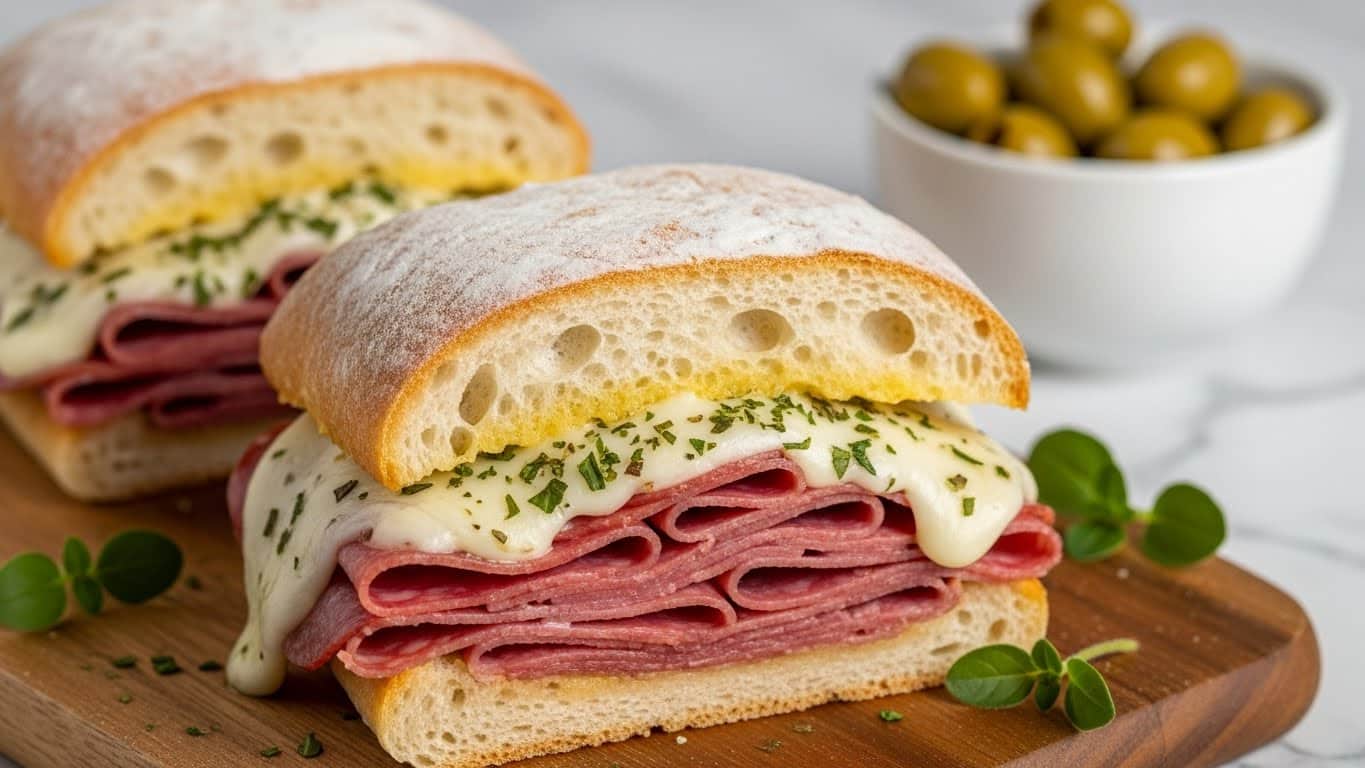 Two toasted sandwiches are placed on a wooden board, each made from a white baguette cut horizontally but still connected on one side. The bottom layer is thin slices of dark pink deli meat, slightly folded. On top of the meat, there is a thick layer of melted pale yellow cheese with brown spots showing it is baked, sprinkled with greenish dried herbs. The cheese is melted so it softly drips over the sides of the bread. The background is blurred but shows a kitchen stove and some small bowls with green olives and a few small green leaves on the side. The whole setting is on a white marbled surface. Photo taken with an iphone --ar 4:5 --v 7
