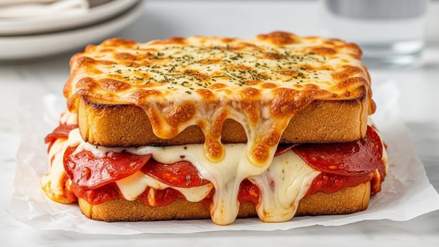 The image shows a thick, rectangular sandwich with two golden-brown toasted bread layers on top and bottom. The top bread is covered with melted cheese that is bubbling and browned in spots, sprinkled with dried herbs. Below the top bread, there is a visible rich layer of melted mozzarella cheese stretching and oozing out. Under the cheese, you can see slices of pepperoni with a glossy, slightly crispy look, and a layer of vibrant red tomato sauce peeking through. The sandwich is resting on parchment paper placed on a white marbled surface, with a blurred background of stacked white plates and a glass of water. The textures show a crispy, toasted crust on the bread and gooey, melted cheese inside. photo taken with an iphone --ar 4:5 --v 7