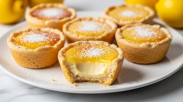 The image shows five small lemon custard tarts arranged on a white plate placed on a white marbled surface, with a few whole lemons blurred in the background. Each tart has a golden brown crust with crimped edges, topped with a shiny, slightly darker golden glaze dusted with powdered sugar. The tart in the front center has a bite taken out, revealing smooth, creamy, pale yellow custard inside with a slightly firm crust base. The texture looks rich and silky, contrasting with the crumbly crust beneath. photo taken with an iphone --ar 4:5 --v 7