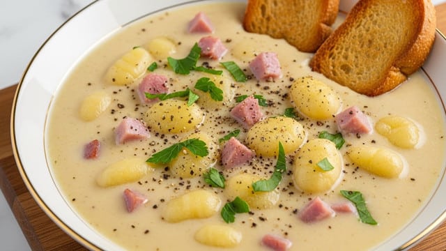 A white bowl on a white marbled surface holds two slices of toasted bread with a golden-brown crust and a slightly charred edge. The bottom slice is fully covered in a thick, creamy white sauce with a smooth texture, dotted with small pieces of reddish-brown bacon and specks of green herbs sprinkled throughout. The top slice of toast rests tilted on the sauce, showing its golden toasted surface with some browned spots. The sauce slightly pools around the bread inside the bowl. photo taken with an iphone --ar 4:5 --v 7