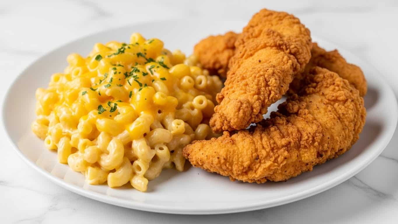 A white round plate holds a serving of creamy macaroni and cheese on the left side, with soft, small macaroni pieces coated in a smooth white cheese sauce and topped with a thick, bright orange melted cheddar layer in the center, sprinkled lightly with small bits of green parsley. On the right side, four pieces of golden brown fried chicken tenders are stacked slightly overlapping, with a shiny, sticky glaze that makes them look crisp and juicy. The plate is set on a white marbled surface. photo taken with an iphone --ar 4:5 --v 7