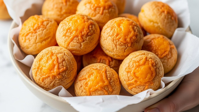 A close-up of a beige bowl filled with about a dozen golden brown cheese puffs. The cheese puffs are round and uneven in shape, showing crispy, toasted edges with an orange-yellow melted cheese texture on the surface. They sit on white parchment paper lining the bowl, which is held by a woman's hand at the bottom right. The background is softly blurred, emphasizing the warm, textured cheese puffs. The photo is taken on a white marbled surface. photo taken with an iphone --ar 4:5 --v 7
