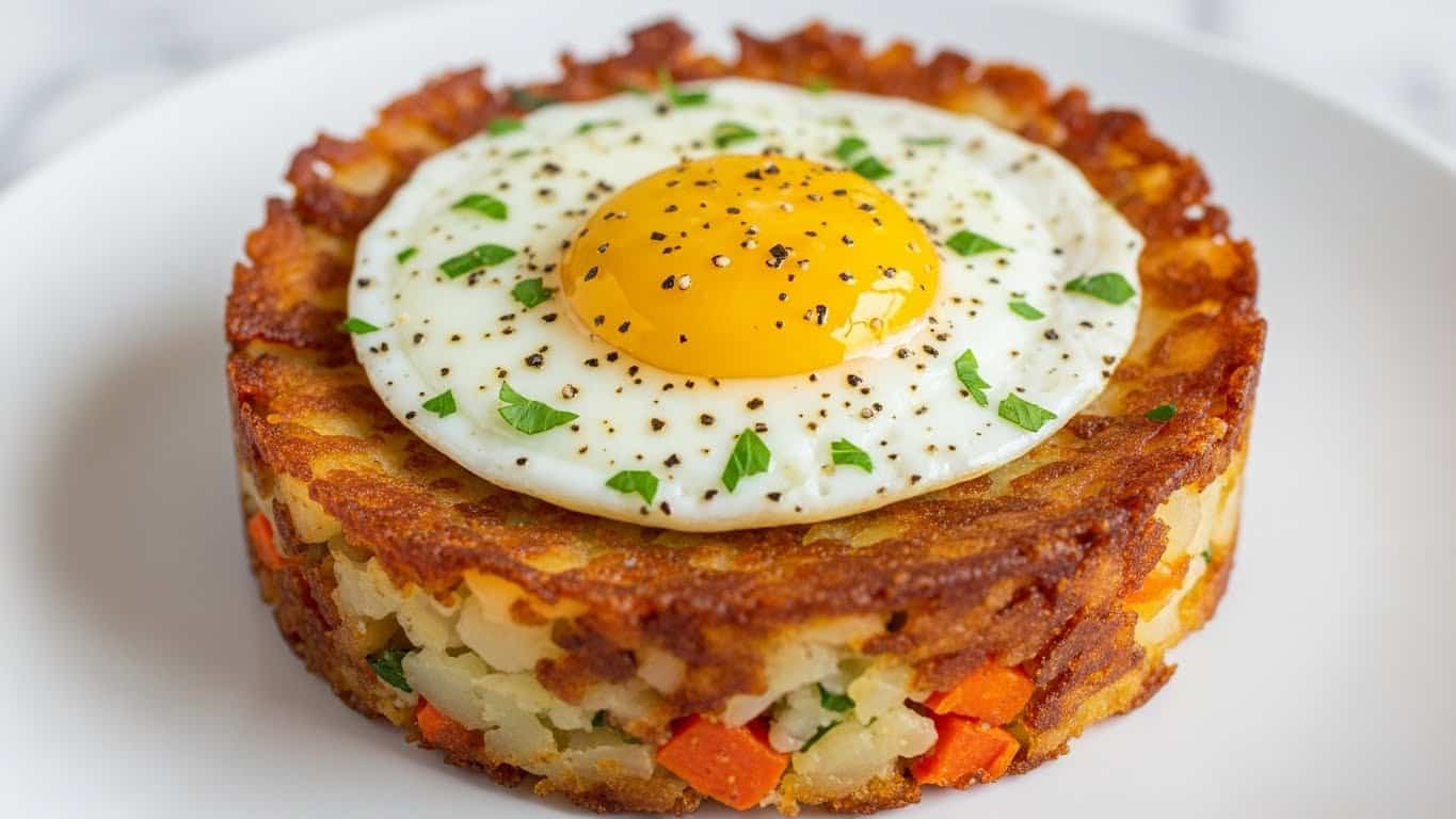 A round nest of golden brown crispy hash browns forms the bottom layer, with a slightly uneven texture showing bits of cooked potato and small orange pieces, possibly carrots or peppers, mixed in. On top of this is a perfectly cooked sunny-side-up egg with a bright, glossy yellow yolk in the center surrounded by smooth, white egg whites, lightly speckled with black pepper and small green chopped herbs. The dish sits on a white plate with a soft white marbled texture background. photo taken with an iphone --ar 4:5 --v 7