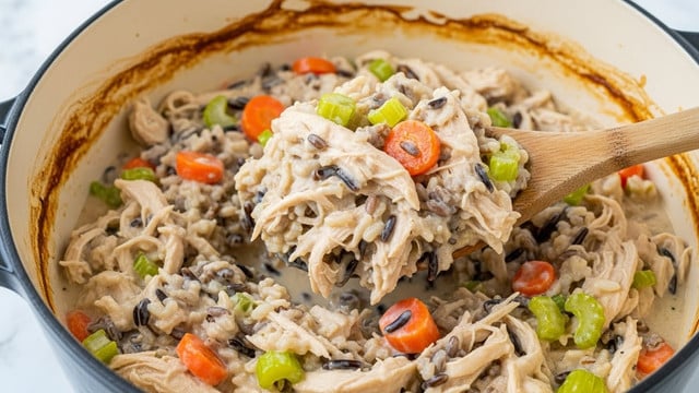 A close-up of a creamy wild rice casserole inside a deep black pot with a beige inner surface, showing a wooden spoon lifting a scoop. The dish has a thick, smooth texture with visible layers of small orange carrot slices, light green celery pieces, chunks of white chicken, and dark wild rice grains scattered throughout. Fresh green herbs are sprinkled on top, adding small touches of color. The background is a white marbled texture, and a woman's hand holds the wooden spoon lifting the food. photo taken with an iphone --ar 4:5 --v 7