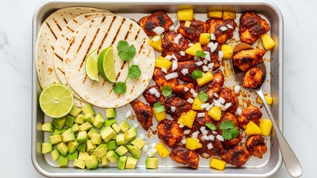 A silver baking tray sits on a white marbled surface filled with a colorful dish showing grilled chicken pieces coated in a dark red sauce, mixed with bright yellow pineapple chunks, and scattered with small bits of chopped white onion and green cilantro leaves. On the left side of the tray, three soft white tortillas with light brown grill marks overlap, next to a lime cut in half with one wedge leaning on the tortillas. Below the lime, small cubes and chunks of light green avocado are spread. A silver spoon rests on the right side of the tray, scooping up some chicken. The scene is bright and vibrant with contrast between the rich colors of the food and the light textures around it. photo taken with an iphone --ar 4:5 --v 7