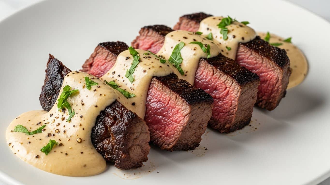 A close-up view of a thick steak cut into four slices, arranged on a white plate. The steak has a dark brown, crispy seared outer layer, and the inside reveals a juicy, pink medium-rare center. A creamy, light beige sauce with a smooth texture is poured over the steak slices, flowing down the sides onto the plate. The sauce is speckled with black pepper and garnished with small pieces of chopped fresh green herbs scattered on top. The plate sits on a white marbled surface. Photo taken with an iphone --ar 4:5 --v 7