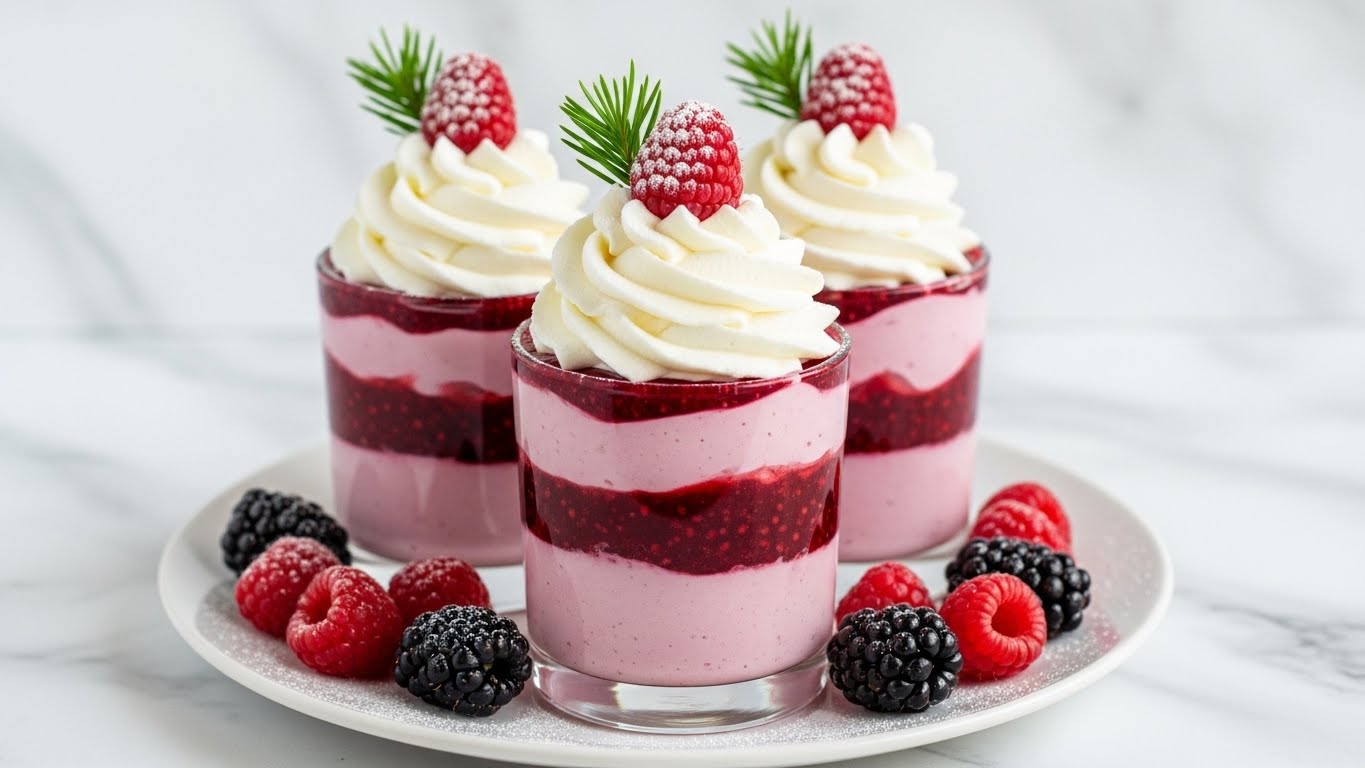 A clear glass filled with three layers of dessert: the bottom layer is light pink with small red berry pieces mixed in, the middle layer is a smooth, thick, and creamy pink mousse, and the top layer is soft pink cream. On top, there is a small bunch of red berries with white powdered sugar dusted over them and a fresh green mint leaf placed beside the berries. The glass is set on a white marbled surface. Photo taken with an iphone --ar 4:5 --v 7