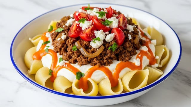 A white bowl with a blue rim holds a layered pasta dish beginning with large, pale yellow pasta shells forming the base. On top, there is a creamy white layer that looks smooth and rich, partly covered with a drizzle of bright orange sauce. Above this sits a thick, dark brown minced meat mixture with visible cooked onion pieces. Bright red halved cherry tomatoes are scattered on top, adding a fresh look along with small white crumbles of cheese and finely chopped green herbs sprinkled over everything. The bowl is set on a white marbled texture. photo taken with an iphone --ar 4:5 --v 7