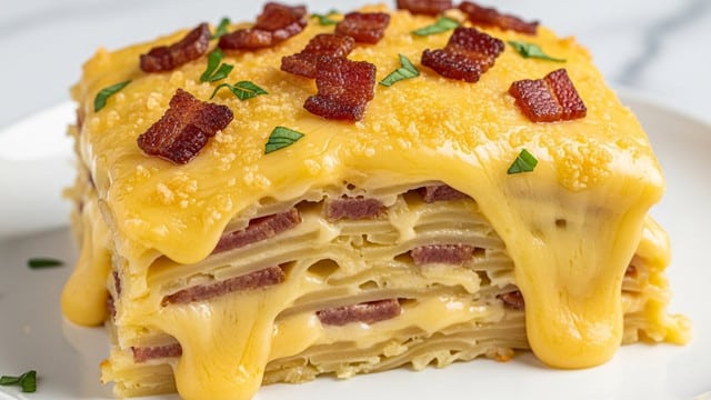A close-up view of a creamy baked pasta dish layered three times, with each layer filled with thick, melted golden-yellow cheese mixed with bits of crispy browned bacon. The top layer has a crunchy texture of browned cheese and bacon pieces scattered over, garnished with small green herb leaves. The pasta strands are visible through the cheese, soft and coated in a rich sauce. The dish sits on a white plate against a white marbled surface. photo taken with an iphone --ar 4:5 --v 7