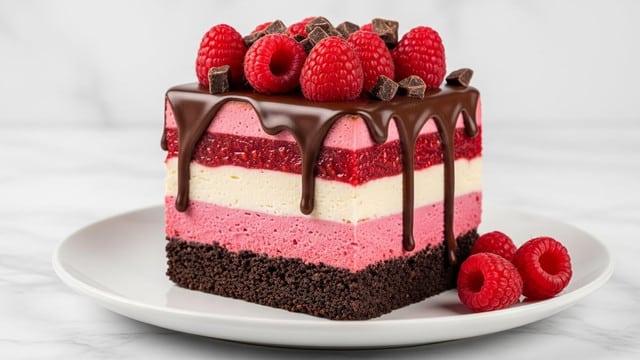 A square slice of cake with six visible layers sits on a white plate over a white marbled texture. The bottom layer is dark and crumbly like a chocolate crust. Above it is a smooth, bright pink layer, topped by a creamy off-white layer in the middle. Above this is a vibrant red berry layer, followed by a thin darker pink layer, and the top is covered with thick, shiny dark chocolate ganache dripping down the sides. On top of the ganache are fresh red raspberries and small chunks of dark chocolate. A few scattered raspberries and chocolate crumbs are beside the cake on the plate. photo taken with an iphone --ar 4:5 --v 7