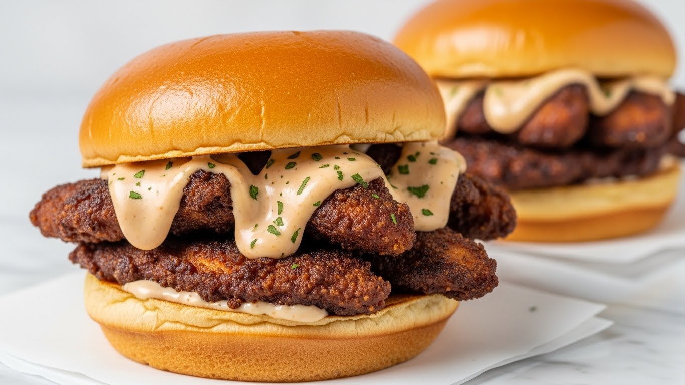 The image shows two sandwiches with soft, golden brown buns that have a shiny texture. Inside each bun are several pieces of dark brown grilled or fried chicken with a slightly crispy surface. The chicken is covered with a thick, creamy light brown sauce that has green herb specks sprinkled on top. The sandwiches rest on white paper on a white marbled surface. The shot is close-up, focusing on the front sandwich with the second one softly blurred behind it. photo taken with an iphone --ar 4:5 --v 7