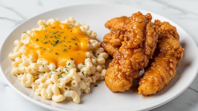 The image shows a white plate on a white marbled surface, featuring two main parts: on the left, there is a creamy macaroni and cheese with a bright yellow cheese sauce covering the small pasta, sprinkled with green herbs on top; on the right, three golden brown fried chicken tenders with a crispy texture are arranged close together, their shiny coating indicating they are well-cooked. photo taken with an iphone --ar 4:5 --v 7