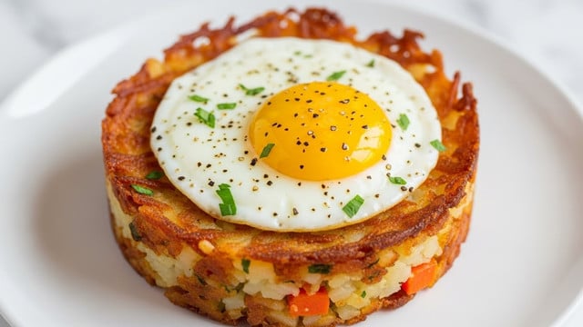 A round layered dish sits on a white plate with a white marbled texture beneath. The bottom layer is crispy golden brown shredded potatoes, tightly packed and slightly rough in texture. Above this is a smooth, white cooked egg white layer hugging the edges, topped in the center by a perfectly cooked, glossy sunny-side-up egg yolk with a bright yellow-orange color. Scattered on top are small pieces of crispy bacon with a deep reddish-brown color and sprinkled green herbs, along with a light dusting of ground black pepper. The layered structure is neat and compact, showing a mix of crispy, smooth, and soft textures. photo taken with an iphone --ar 4:5 --v 7