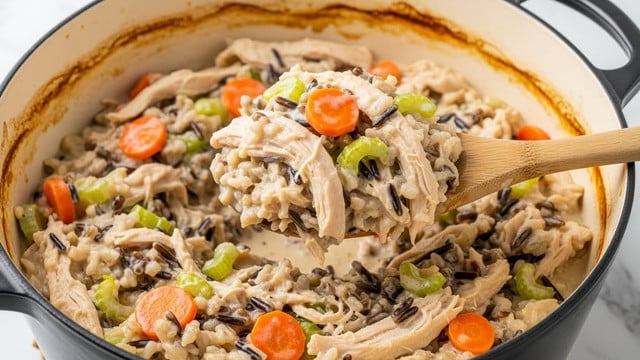 A close-up view of a creamy chicken and rice dish in a large black pot with a cream-colored interior that is stained from cooking. The dish has a thick layer of creamy white sauce mixed with pieces of shredded chicken, small orange carrot slices, green celery bits, and darker wild rice grains scattered throughout. A wooden spoon lifts a scoop of the mixture, showing the textured layers of tender chicken and rice in the sauce. The background shows a white marbled surface. photo taken with an iphone --ar 4:5 --v 7