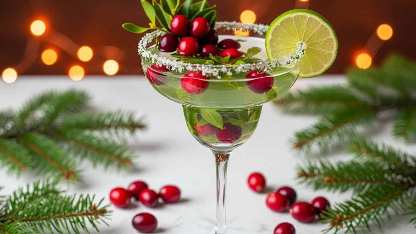 A clear, tall margarita glass filled with light green liquid, mixed with small green leaves and bright red cranberries floating inside. The glass’s rim is coated with coarse white salt and green herbs, and the top holds a cluster of shiny red cranberries and fresh green herb leaves. A thin slice of green lime with pale yellow flesh is placed on the right edge of the glass. Around the base of the glass, several red cranberries and green fir branches lie scattered on a surface with a white marbled texture. Warm, blurry orange lights form the background, adding a cozy feeling. Photo taken with an iphone --ar 4:5 --v 7