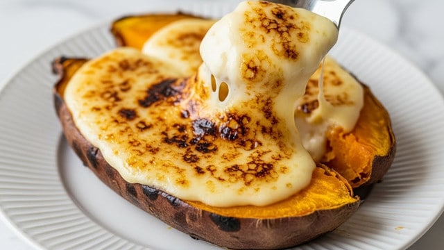 The image shows a close-up of a roasted sweet potato sliced lengthwise, filled with a smooth, creamy layer of melted cheese that is golden brown and slightly caramelized on top. A spoon lifts a spoonful of the cheesy filling, displaying its rich, bubbly texture with browned spots that add a crispy contrast. The roasted sweet potato skin is dark orange-brown with a slightly charred edge, while the inside is a vibrant yellow-orange. All of this is placed on a white plate with a subtle ribbed pattern, set on a white marbled surface. The photo taken with an iphone --ar 4:5 --v 7