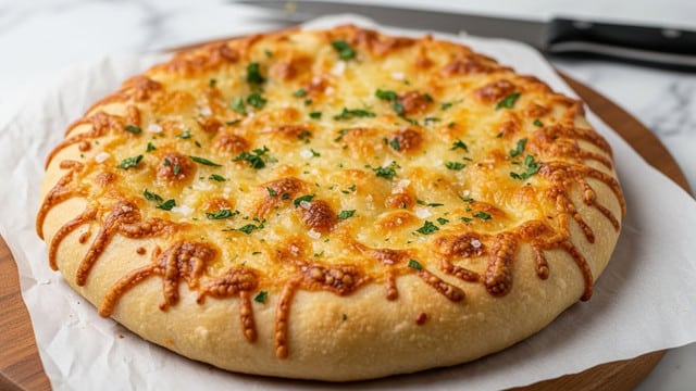 The image shows a round, golden-baked flatbread with a thick crust, crispy on the edges and soft inside, placed on a piece of parchment paper atop a wooden cutting board. The flatbread is topped with melted cheese that has browned spots, sprinkled with small bits of chopped green herbs and coarse salt crystals. The texture of the cheese looks bubbly and slightly crunchy, while the brown crusted edges have a soft, doughy interior. In the background, a black knife lies on a white marbled surface. photo taken with an iphone --ar 4:5 --v 7