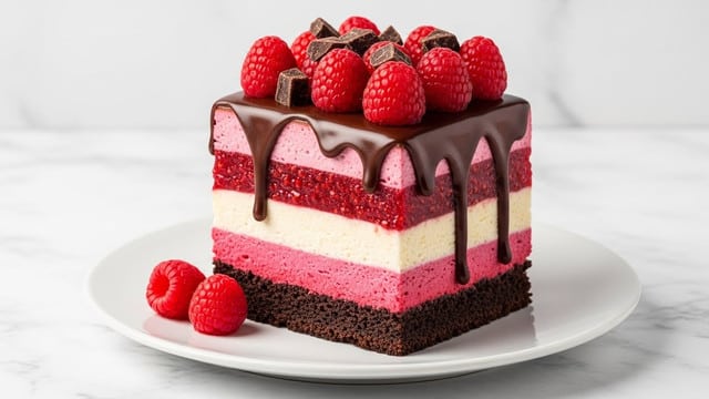 A square dessert with four clear layers is shown on a white plate over a white marbled surface. The bottom layer is a dark brown crumbly crust. Above it is a thick pale pink creamy layer, followed by a vibrant red layer full of whole raspberries. The top layer is a shiny dark chocolate glaze dripping down the sides. Fresh bright red raspberries and broken pieces of dark chocolate decorate the top of the dessert and some chocolate pieces are scattered around the plate. photo taken with an iphone --ar 4:5 --v 7